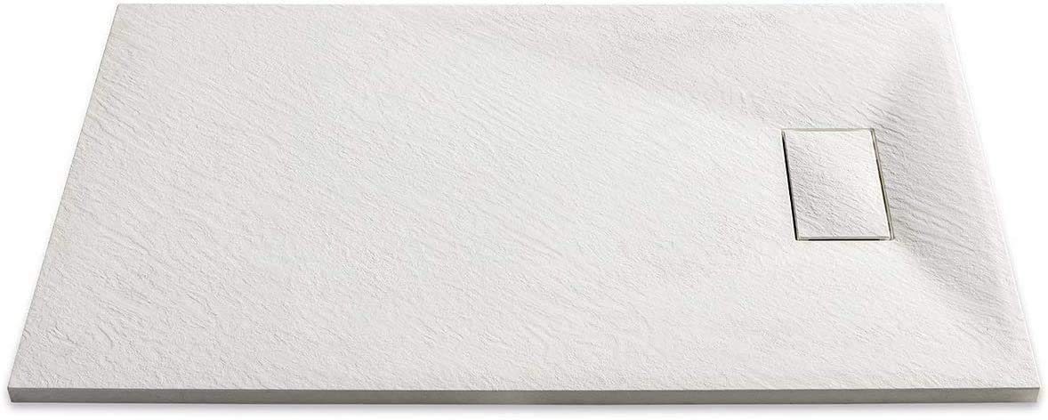 Piatto Doccia Spessore 2.6 Cm In Resina Effetto Pietra Stone Ardesia Antiscivolo Riducibile Indistruttibile Filopavimento Arredo Bagno Con Griglia Di Copertura Colore Bianco (90 x 140 cm)