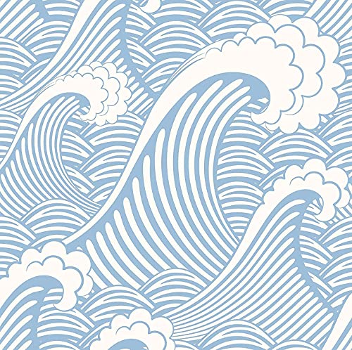 Image of Blooming Wall CPS030 Peel&Stick Handpainting Seamless Blue White Waves Sea Sprays Self-Adhesive Prepasted Wallpaper Wall Mural (17.7“x394”)