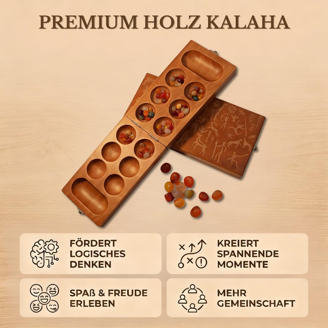 Exklusives Kalaha Spiel aus Echtholz | Steinchenspiel mit kunstvollen Afrikanischen Gravuren | Edles Kalaha Strategiespiel inkl. Natursteinen | Klappbar & Dekorativ