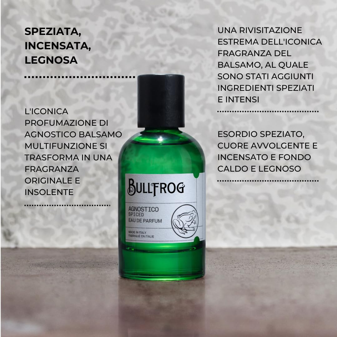 Bullfrog Eau de Parfum Agnostico Spiced 100 ml – Parfum pour Homme, Notes de Poivre Rose, Thym, Anis Étoilé, Bois de Cèdre et Gaïac, Fabriqué en Italie