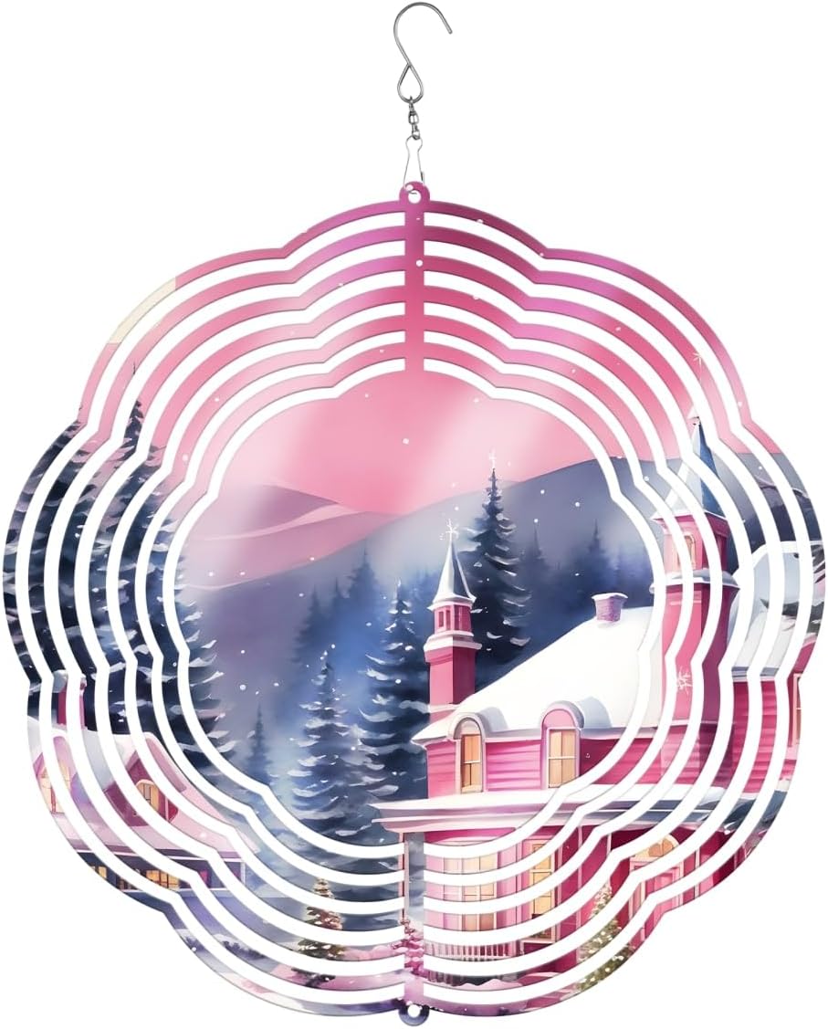 Pink Farmhouse Christmas Wind Spinners 3D Stainless Steel Laser Cut Metal Double Sided Printing-Hanging Indoor/Outdoor Decorations Yard Gardening Decor,Metal Kinetic Art 16x16 inches
