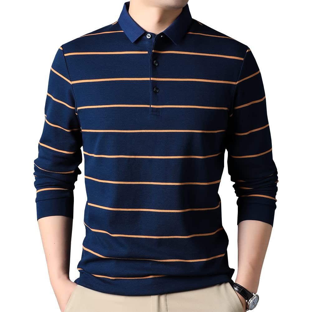 Mens Casual Cotton Striped Slim Fit Long Sleeve Collared T Shirt Polo Shirts