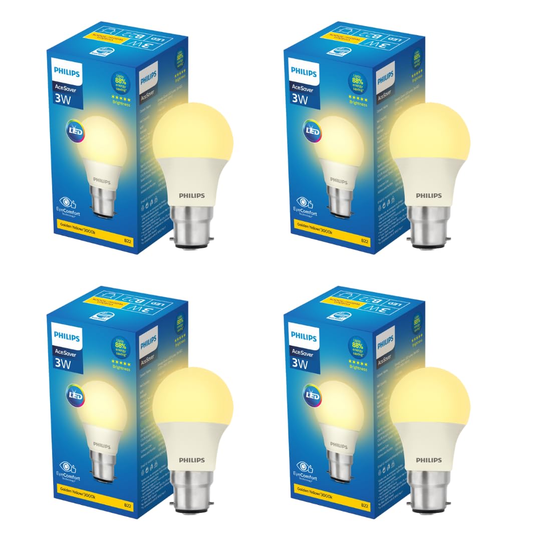 PHILIPS 3-watt LED Bulb | AceSaver LED Bulb | Base: B22 Light Bulb for Home | Warm White, Pack of 4