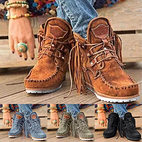 Gibobby Ankle Booties for Women Low Heel,Womens Ankle Boots Pointed Toe Faux Stacked Chunky Heels Tassels Side Zipper Booties2
