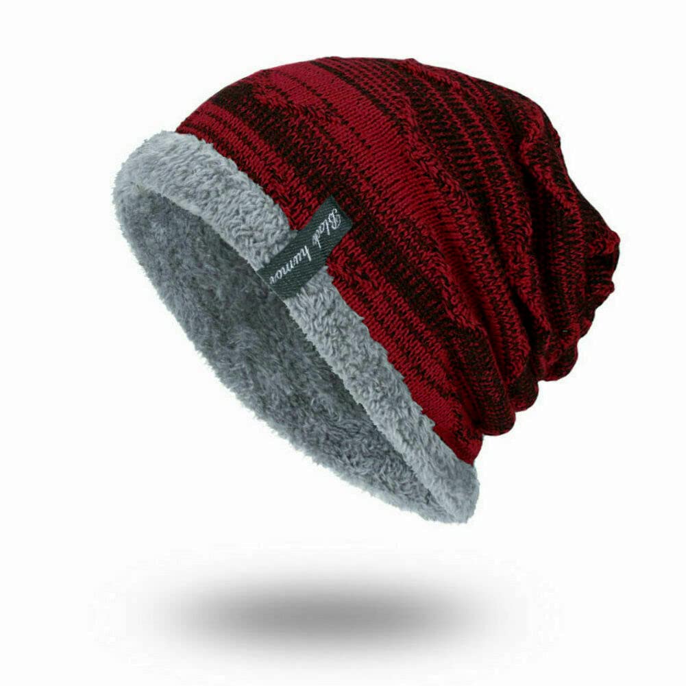 Ausuky Men's Wine Red Soft Lined Thick Knit Skull Cap Warm Winter Slouchy Beanies Hat (Wine Red)