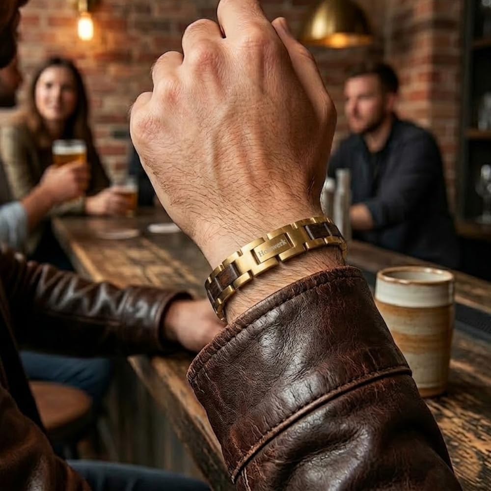 Holzwerk - Bracciale in legno naturale per uomo e donna, in legno, da uomo, colore marrone e oro, regolabile, con brevi e scatola di immagazzinaggio