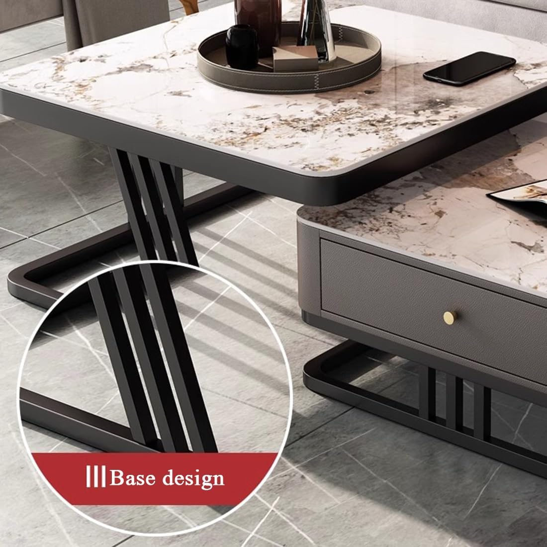 Modern Nesting Coffee Tea Table, White Coffee Eating Tablw with Drawer, Faux Marble Top, Square Design, Black Metal Decor, Center Couch Table for Living Room(GL+Black,80+70CM/31.4+27.5IN)