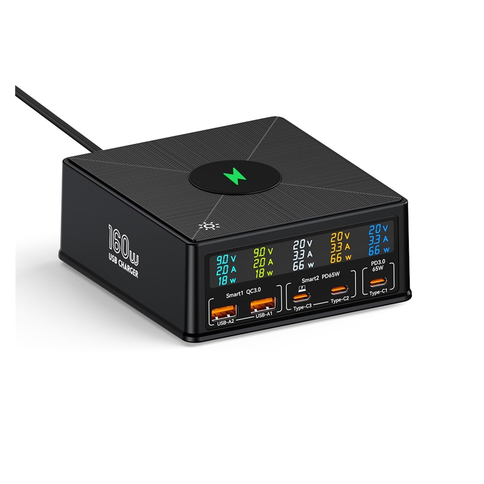 Cargador USB de 160W y 5 Puertos Staion con Cargador rápido de Carga inalámbrico de 15W USB-C PD 65W,Seguro y Eficiente