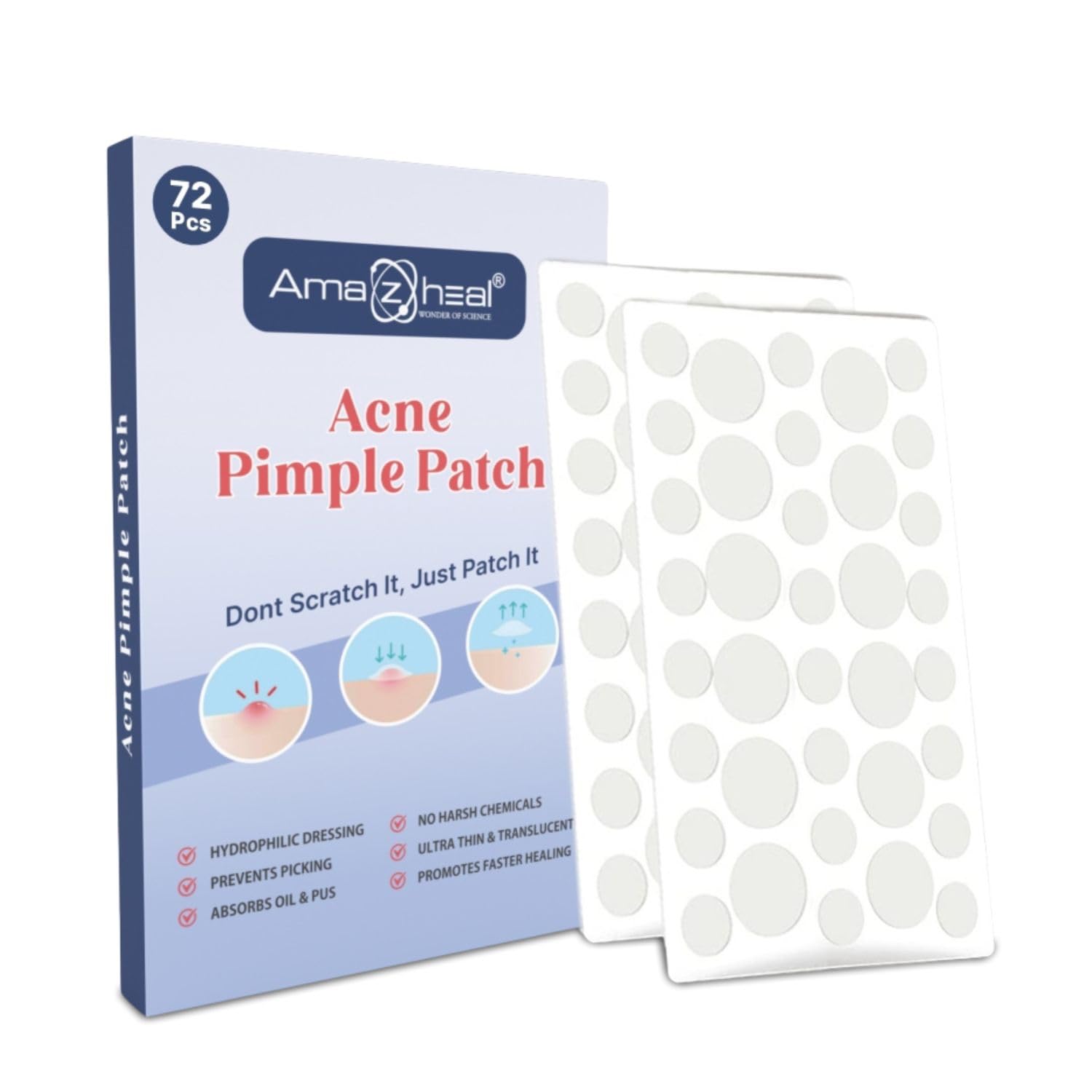 Acne Pimple Patch for Face (72 dots) | Hydrocolloid Waterproof Patches for Active Acne | Absorbs Pimple Overnight and Reduces Excess Oil | For All Skin Types