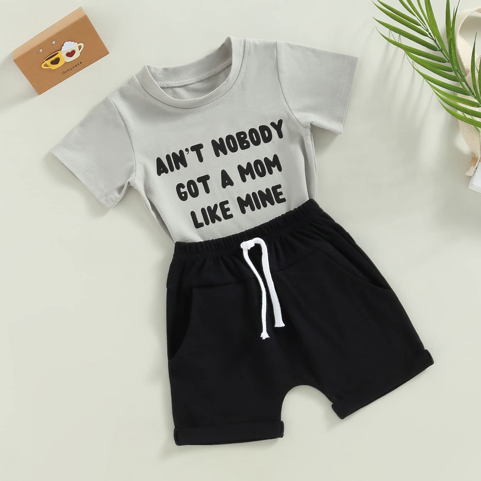 Infant Baby Boy Summer Clothes Set Mama Letter Print Short Sleeve T-Shirt Top Stretch Shorts Set 2PCS Casual Outfits (Mom-Grey, 6-12 Months)