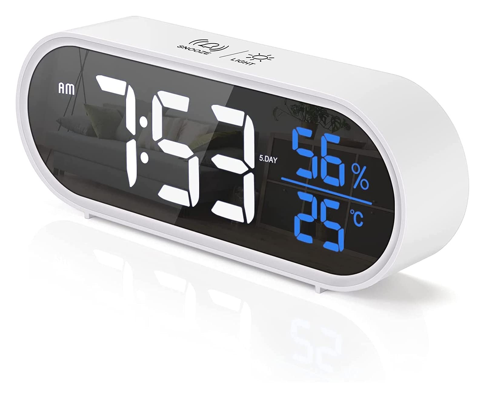 Duży budzik duży DOPROWADZIŁO Wyświetlacz temperatury wilgotności, USB. Akumulatorowy podwójny budzik, funkcja drzemki, 5 rodzajów jasności i 4 objętość, 12 / 24HR, inteligentna kontrola głosowa -Whit