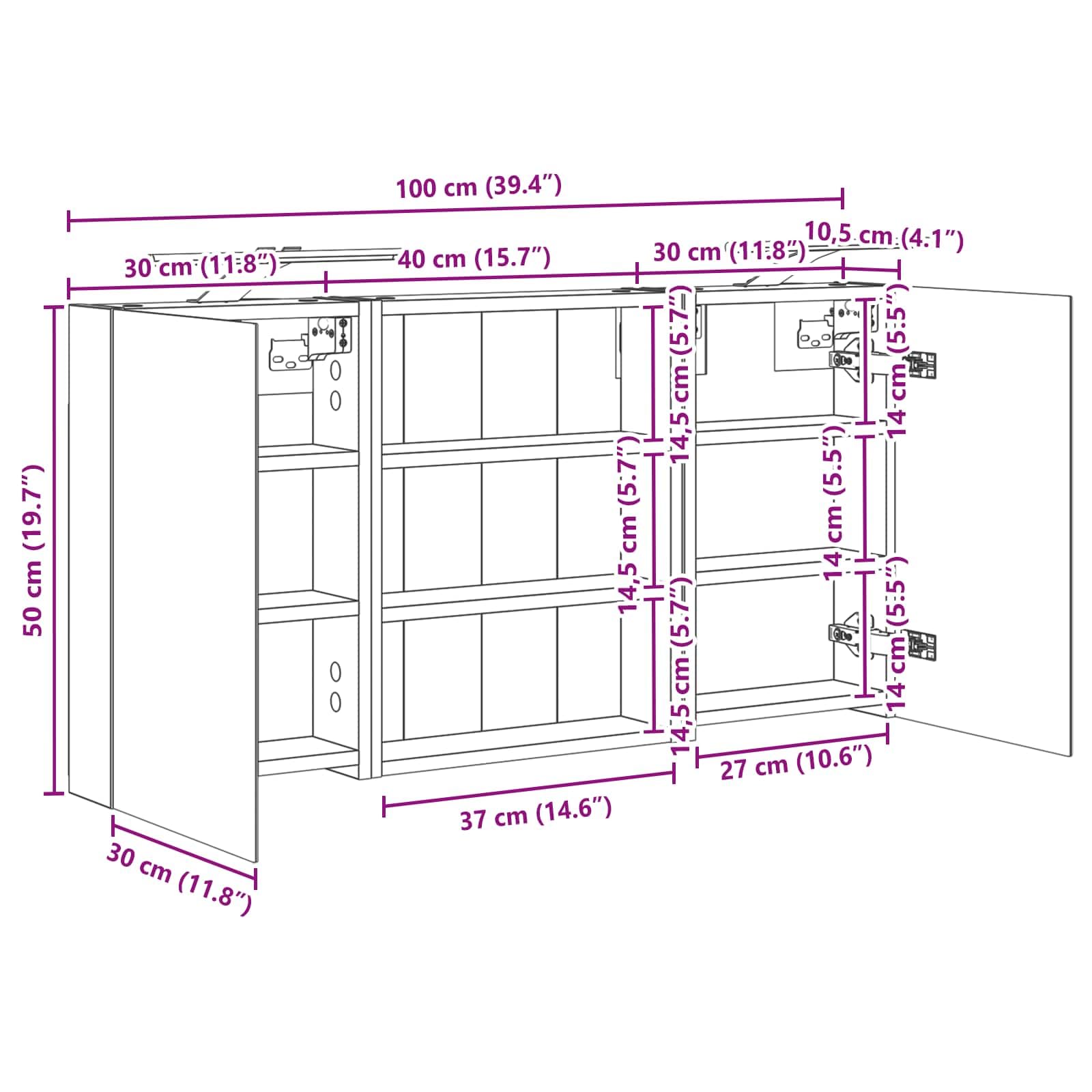 Set di 3 armadietti da bagno in legno, 100 x 10,5 x 50 cm, montaggio a parete con illuminazione a LED, specchio a due vie, vano portaoggetti, ante e ripiani per mobili da bagno