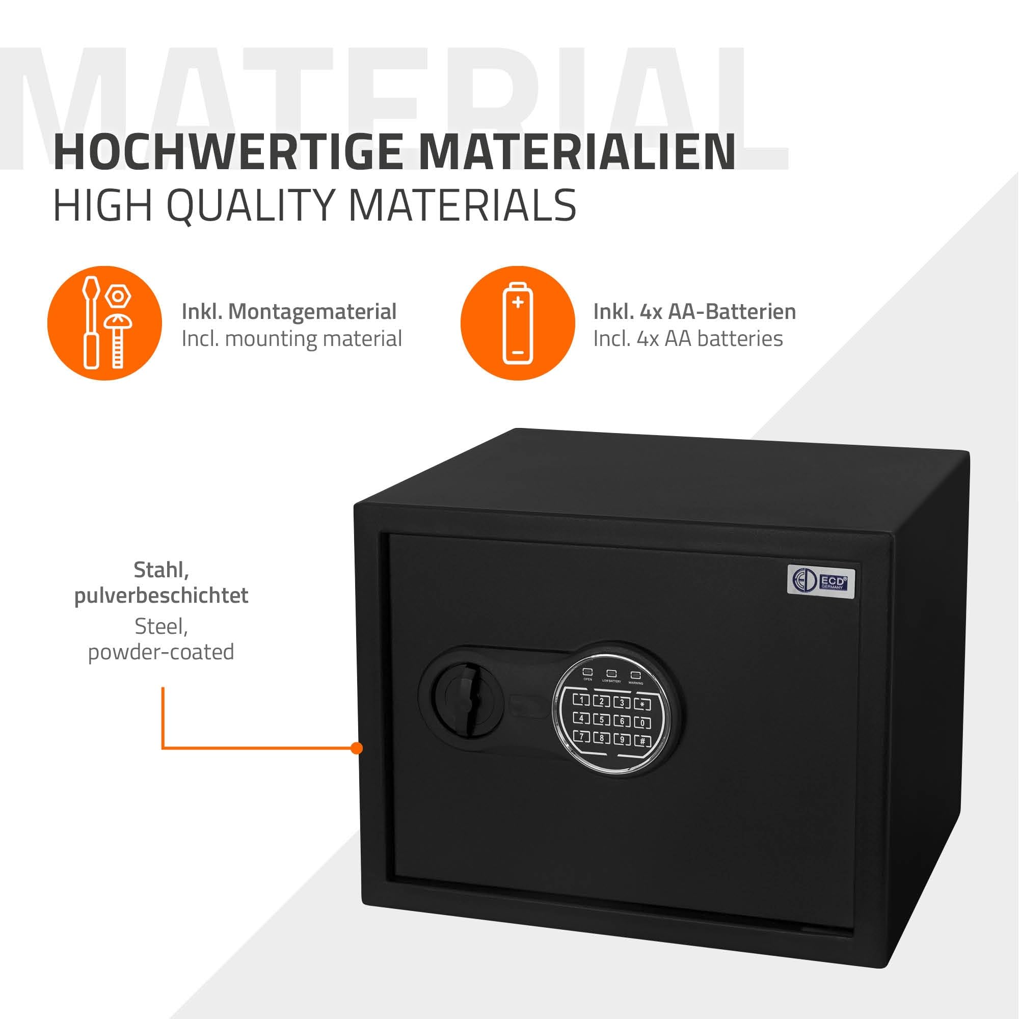 ECD Germany Coffre-Fort 27L 38x30x29,5cm, en Acier, Fixation Mural, avec Lumière à Capteur, Clavier Numérique, Code PIN et Clé, Caisse Électronique pour Bijoux/Argent, Porte-Documents Ignifuge inclus