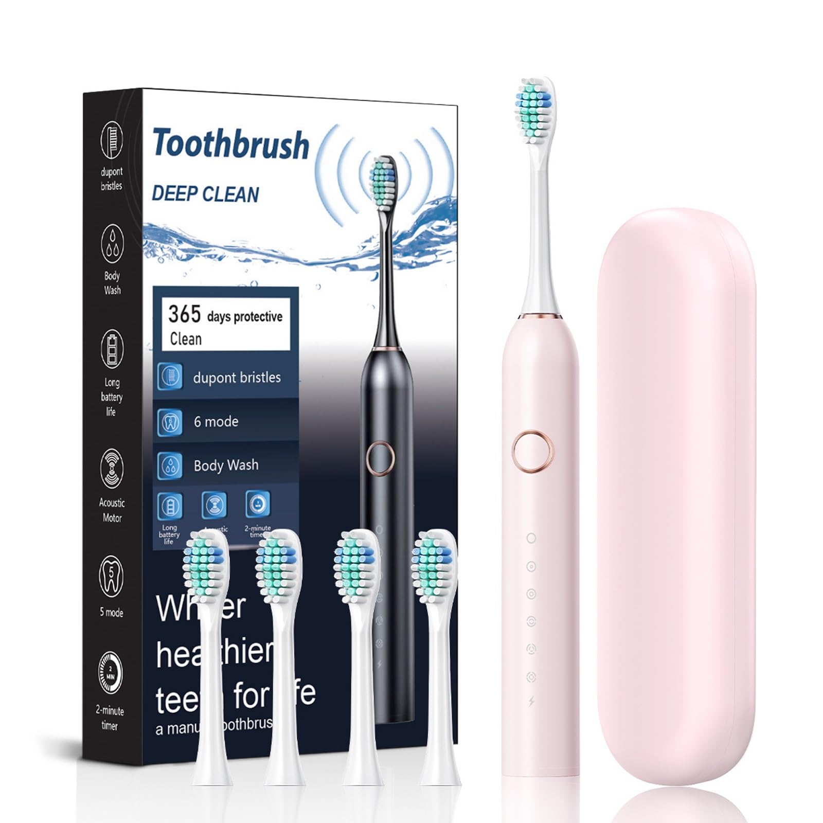 Brosse à Dents électrique wellawhite, Nettoyage Acoustique Puissant, 6 Modes De Nettoyage, étanche IPX7, Synchronisation Intelligente De 2 Minutes, Plage De Faible Consommation D'énergie(PINK)