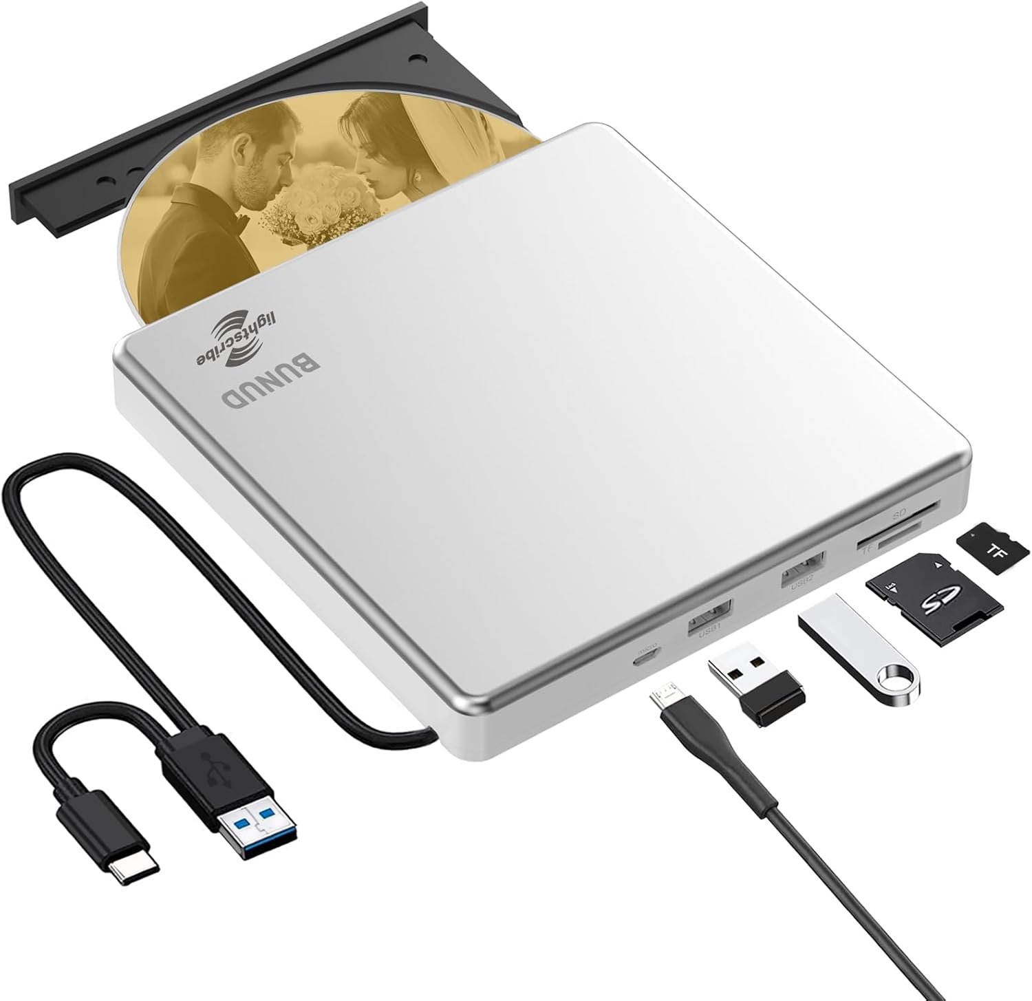 External CD DVD Drive LightScribe CD/DVD +/-RW Burner Player Writer Optical Disk Reader Portable CD DVD Drive for Laptop Mac MacBook PC Windows 11 10 Linux OS