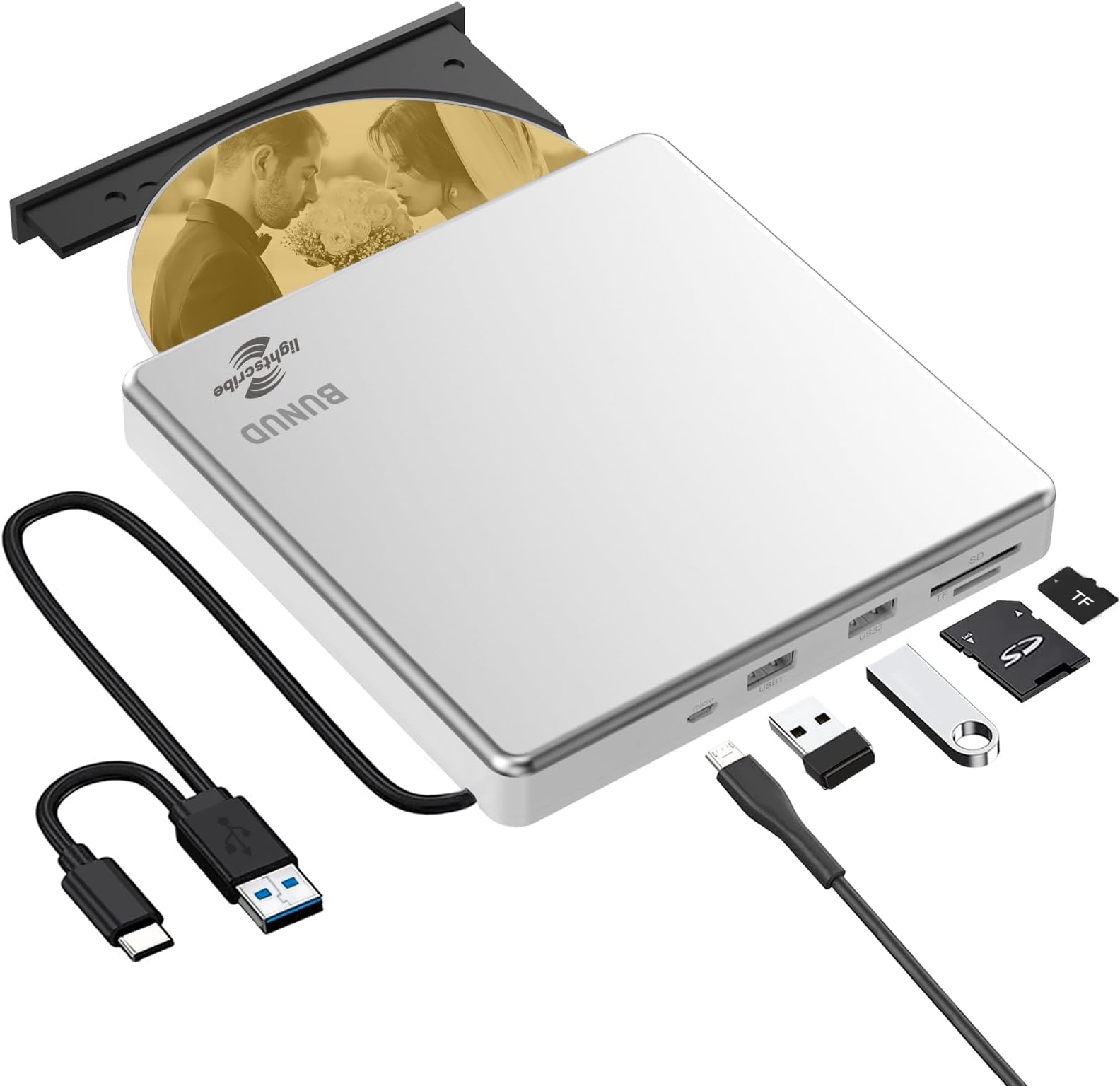 BUNUD External CD DVD Drive LightScribe USB 3.0 CD DVD +/-RW ROM Burner with SD/TF & 2 USB, Portable Rewriter Writer DVD Player for Laptop Mac Windows 11/10 MacBook Pro Air PC Apple