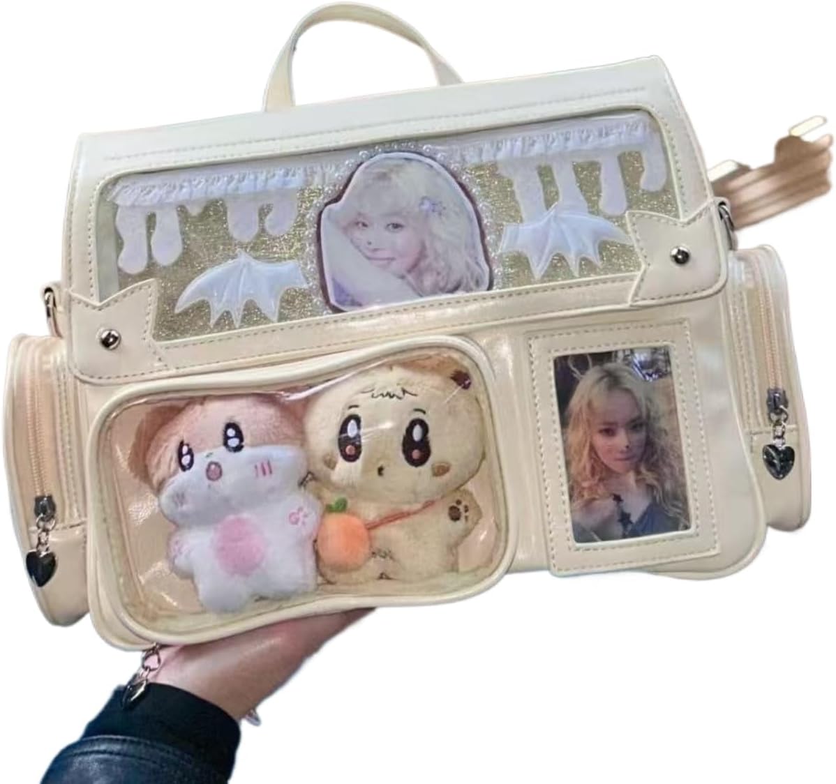 Cute Double Shoulder Ita Bag Kawaii Pin Display Dorm Supplies Japanese-style Women Large Capacity Single Shoulder Bag (buff beige)