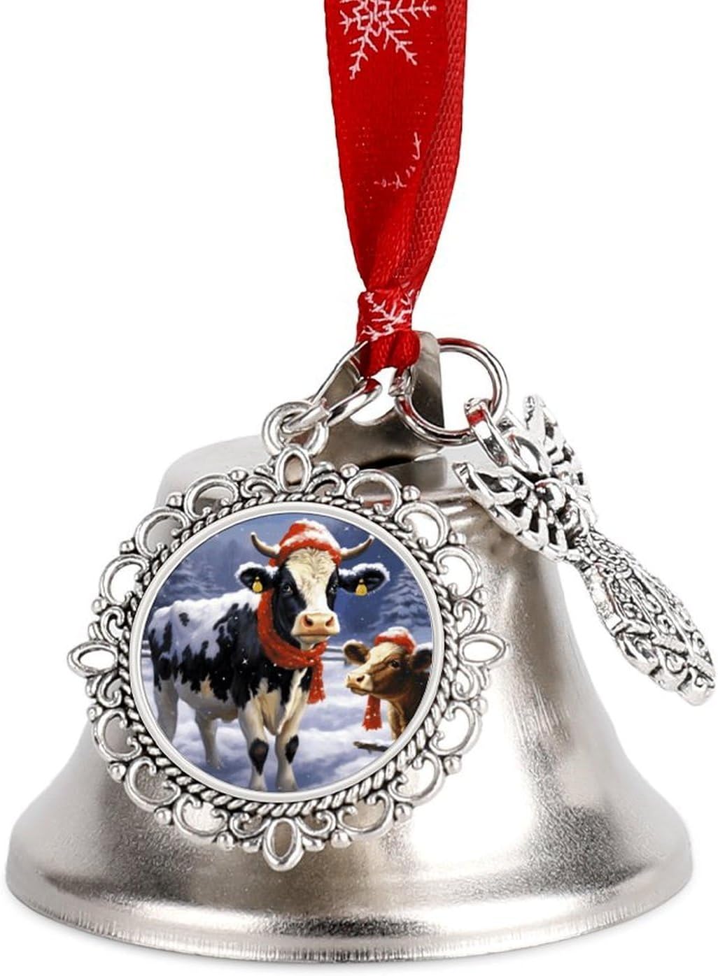 Christmas Snow Cow Christmas Bells Ornaments with Wings & Heart Silver Bell Pendant for Christmas Tree Home Door Mantle Fireplace Decoration