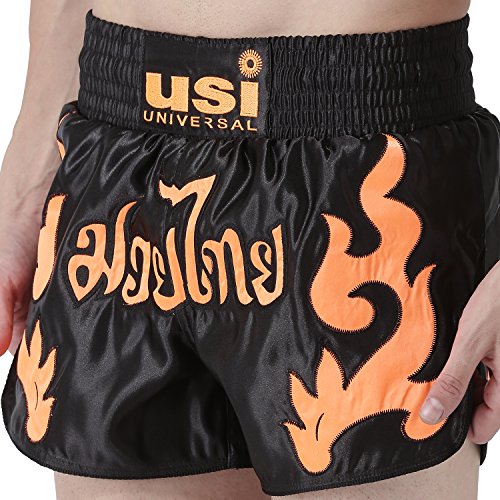 Image of USI Universal Muay Thai Shorts for Men Women, 410N Boxing Kickboxing MMA Fight Clothing Training Workout Trunks (in, Alpha, L, Regular, Black /Orange)