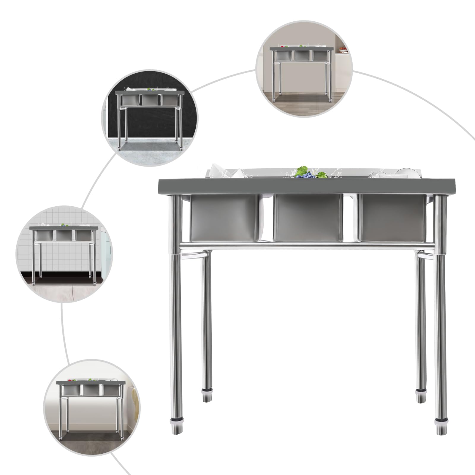 Florchest Standing Three Bowl Kitchen Sink Set, 3 Compartment Commercial Kitchen Sink Stainless Steel/Garage Prep & Utility Sink for Restaurants Kitchen, Laundry Room,Outdoor
