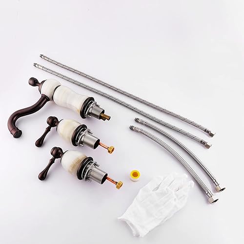 Miniatura 7 de Grifo de baño con acabado marrón oscuro de latón macizo y piedra de jade blanco natural, mezclador de lujo de 3 agujeros, doble mango, grifos de