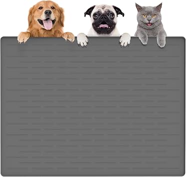 Largest Dog Food Mat, 39.5"x29.5" Silicone Dog and Cat Mat for Food and Water Bowls, Thinken Waterproof Non-Slip L Pet Feeding Mat for Floors Dark Gray