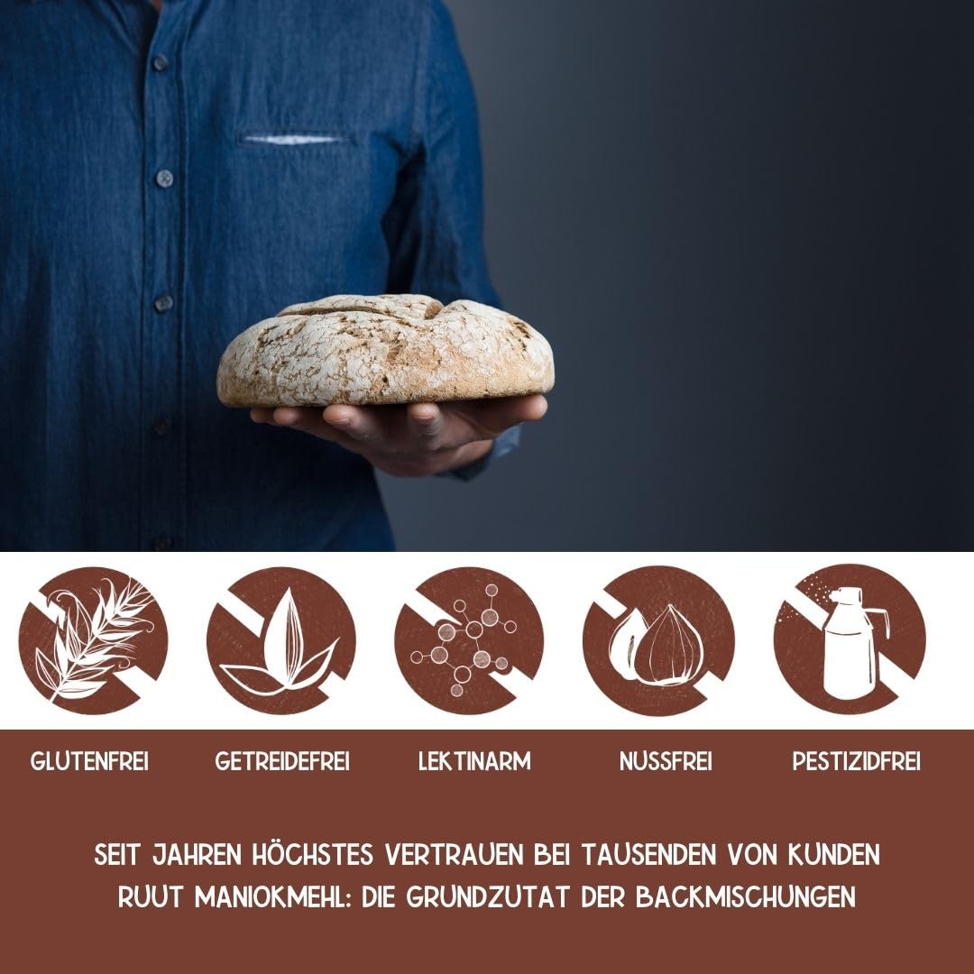 Ruut Glutenfreie Brotbackmischung mit Maniokmehl | 810 Gramm Vorratspackung | Weizenersatz frei von Getreide, Zusatzstoffen, Konservierungsmitteln | Paleo, vegan & nachhaltig