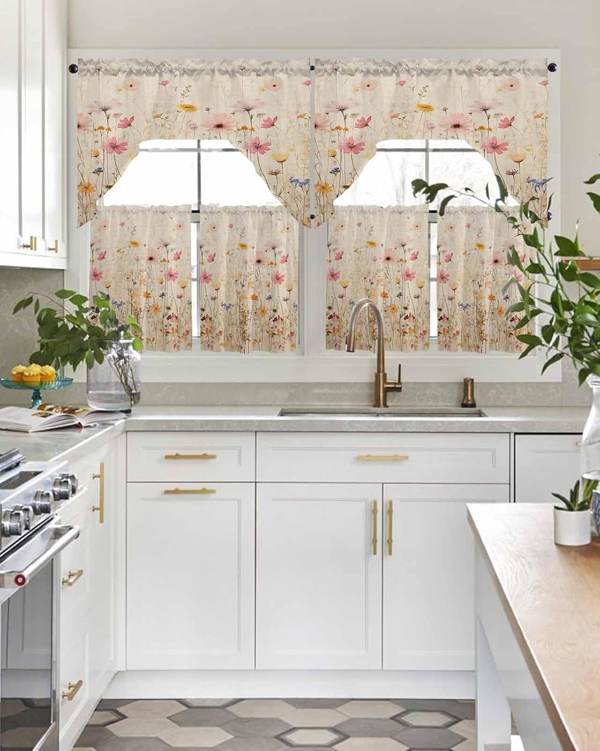 Watercolor Wildflowers Swag Kitchen Curtains Valance and Tier Set 24 Inch Length, Rod Pocket Swag Curtains for Living Room Bedroom Bathroom Window Drapes 3 Piece Vintage Bloom Floral
