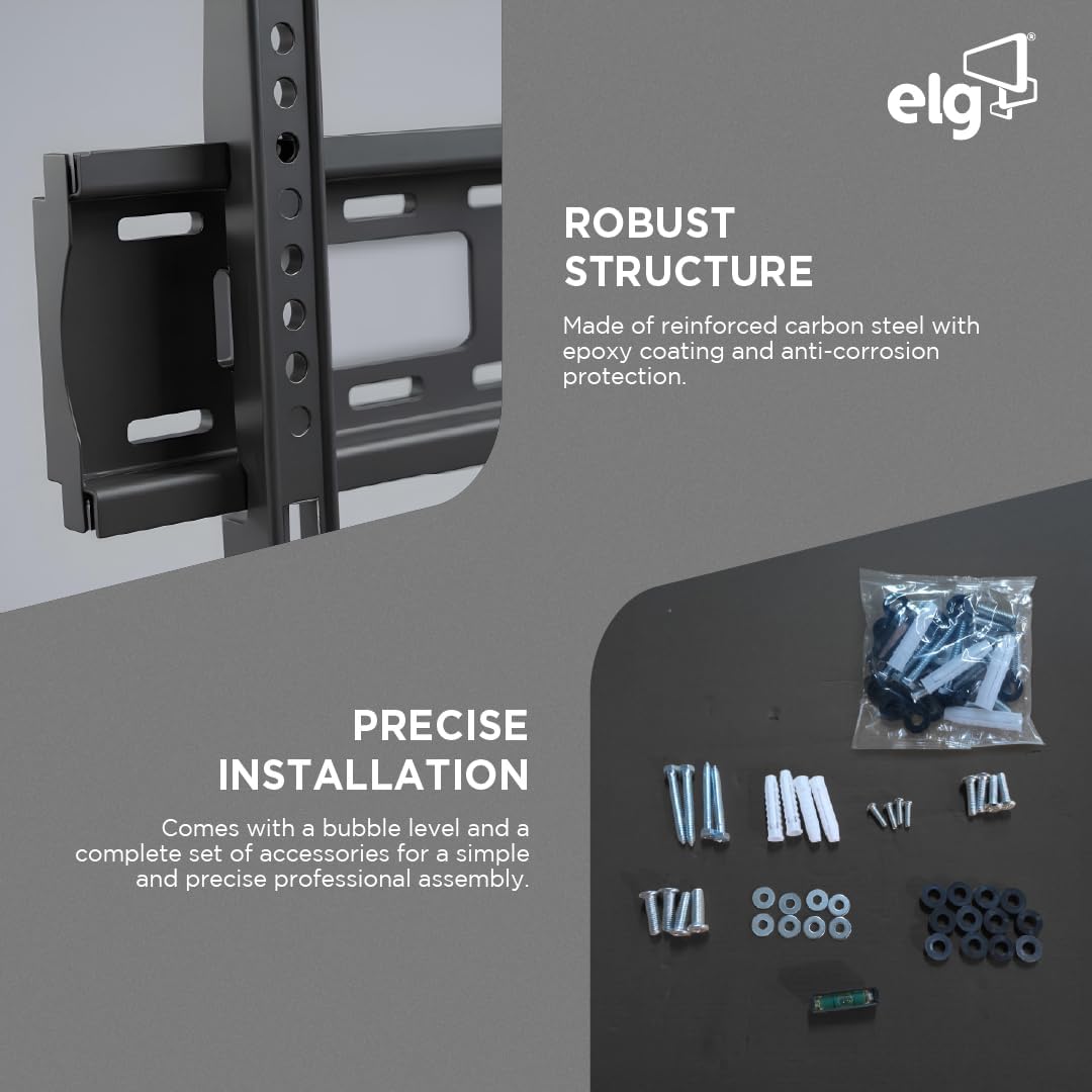 ELG FIX400 Fixed TV Wall Mount – Slim Low-Profile Bracket 26″–65″, Holds 110 lbs, VESA 100×100 to 400×400, Auto-Lock + Bubble Level, Easy Install