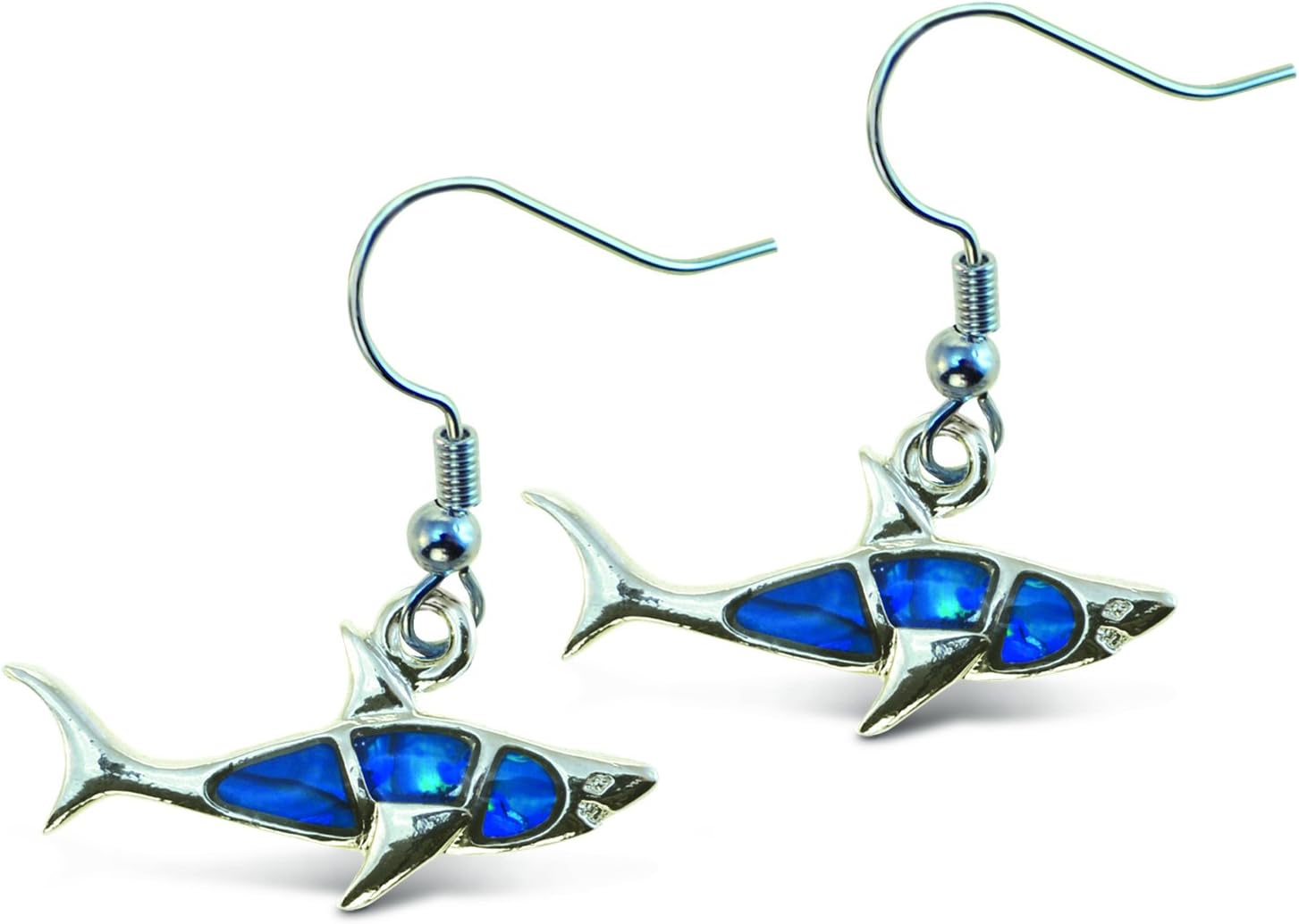 Puzzled Blue and Silver Aqua Shark Fish Hook Earrings, Fashionable Dangle Post Elegant Jewelry with Genuine New Zealand Paua Shell Fashion Ear Accessory (2 Pcs Set)