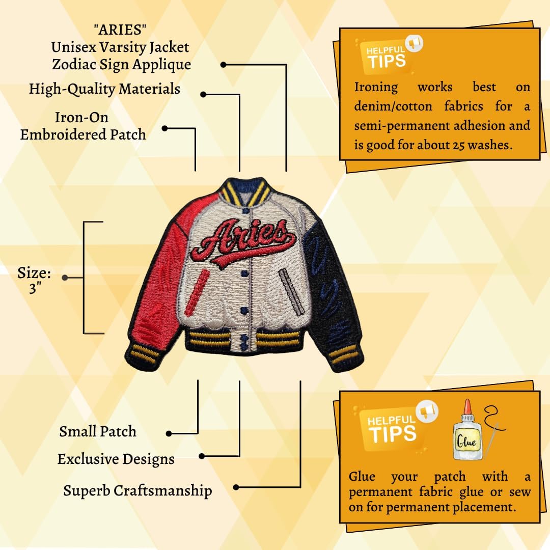 Patch Party Club, (1-pc) Aries Iron-On Patch, 3", Unisex Varsity Jacket Zodiac Applique for Hats, Jackets, Bags, Socks, Shoes & DIY image 3