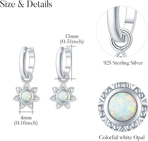 Miniatura 2 de Sun Flower Earrings 925 Sterling Silver Opal FlowerLeaf Hoop Charm Hoop Huggie Synthetic Opal Dangle Drop Earrings Jewelry Gifts for Women