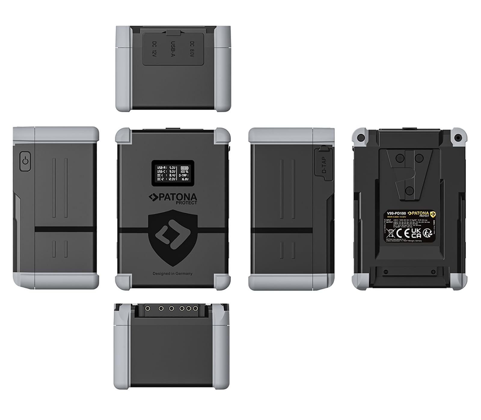 PATONA V99 Protect Batería V-Mount 99Wh PD100W USB-C D-Tap USB-A, 2X DC-out | Batería de vídeo 6800mAh para videocámaras cámaras DSLR, monitores, pantalla OLED, LG celdas, carcasa antigolpes ignífuga