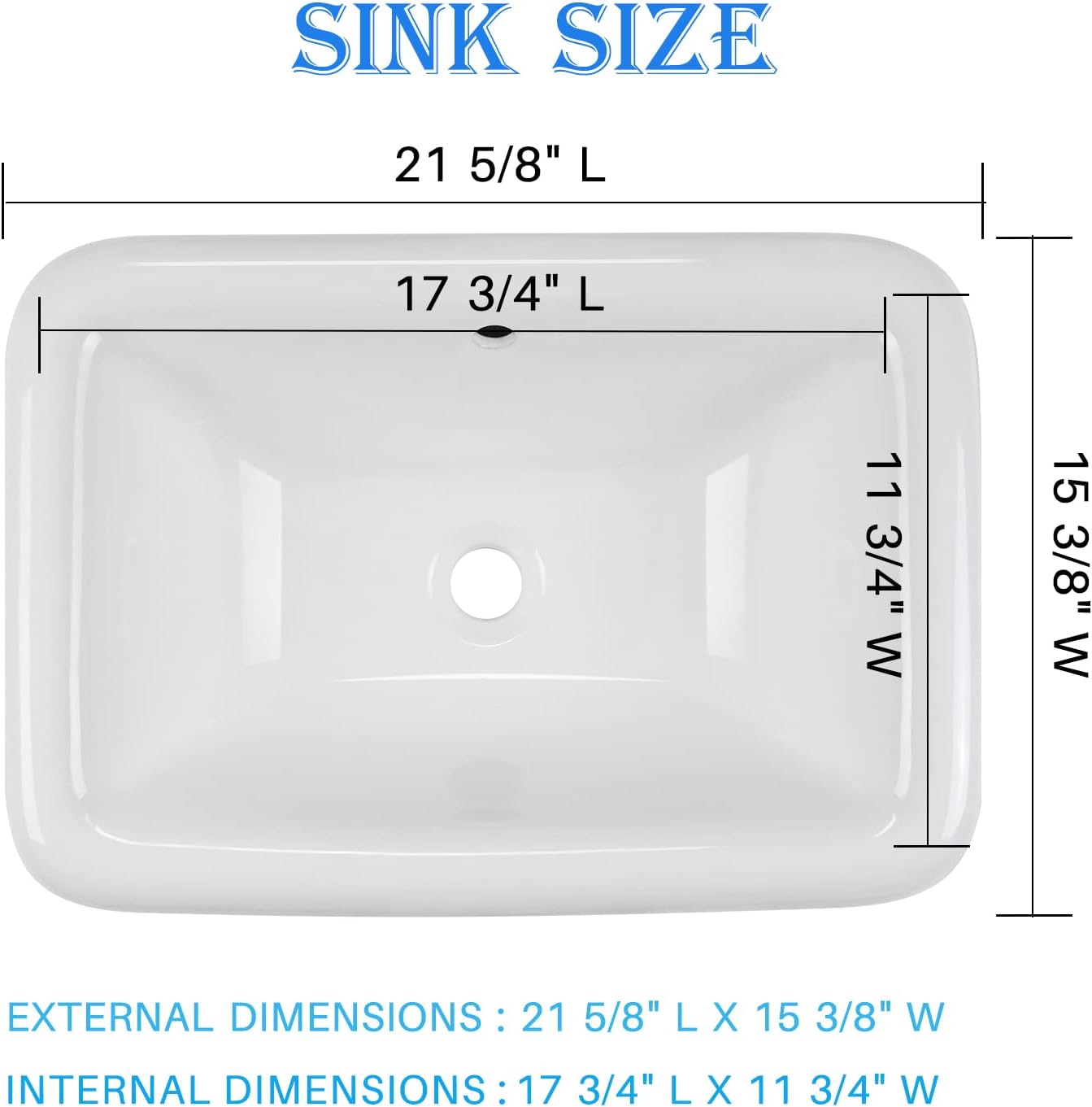 Diagram showing external dimensions of the Enbol O2215 sink as 21 5/8 inches L x 15 3/8 inches W, and internal bowl dimensions as 17 3/4 inches L x 11 3/4 inches W.