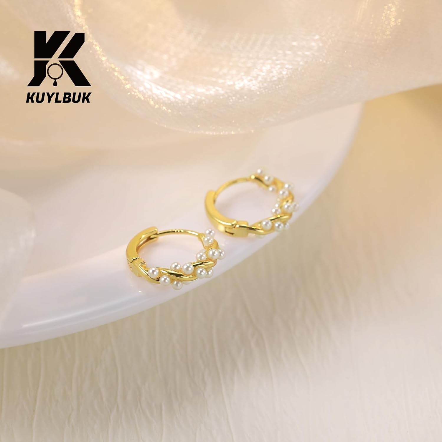 18K Gold Plated Pearl Twisted Hoop Earrings for Women 925 Sterling Silver Post Dainty Trendy Huggie Earrings Lightweight Hypoallergenic Fashion Jewelry Gift