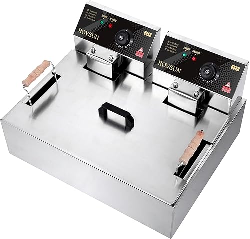 ROVSUN Freidora eléctrica de 23.8 cuartos de galón22.5 litros con cesta individual grande y tapa, freidora comercial de acero inoxidable para