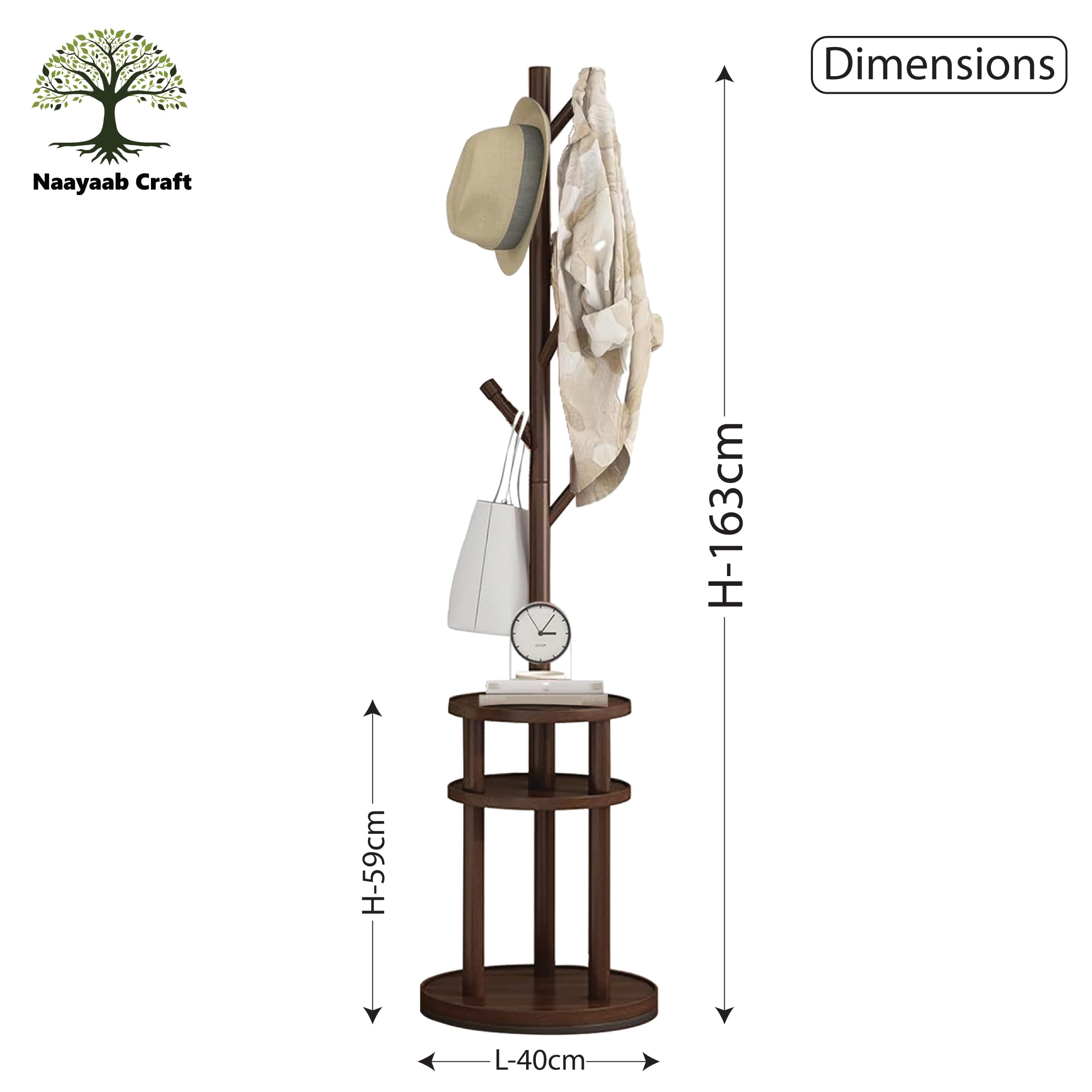 Naayaab Craft Bamboo 6 Hook Coat Hanger Stand for Hanging Clothes, Hats, Bag | Tree Shape Cloth Stand | Garment Rack | Modern Coat Rack for Home (40D x 40W x 161H) - Dark Brown, 30X30X161 Cm 3
