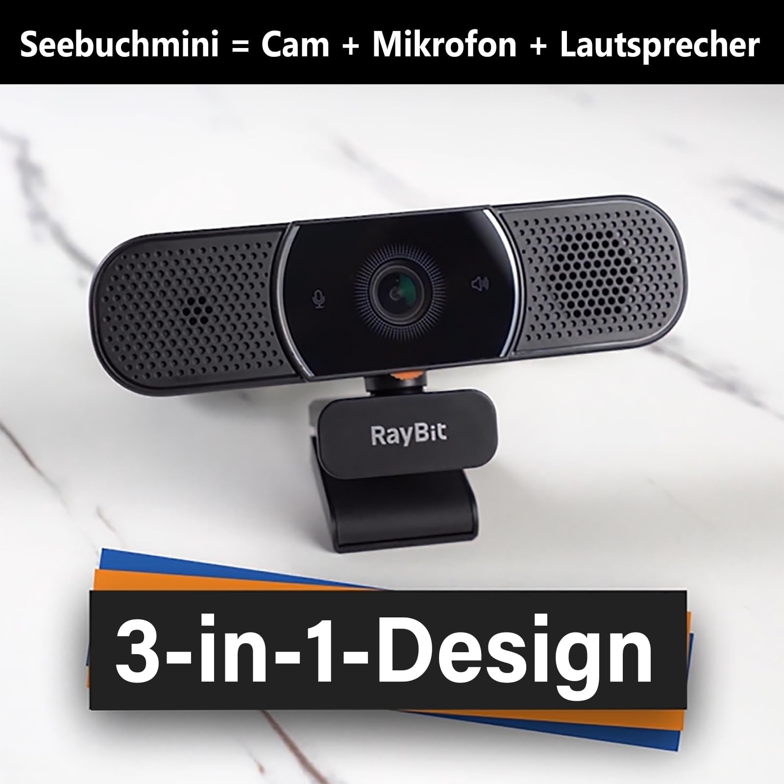 3-in-1 Webcam - 2K HD Webcam mit Mikrofon, Lautsprecher und Abdeckungen, Klarer Stereo-Sound & Belichtungskorrektur & Autofokus, USB Web Kamera für Desktop Computer/PC/Laptop/Zoom/Skype/Teams