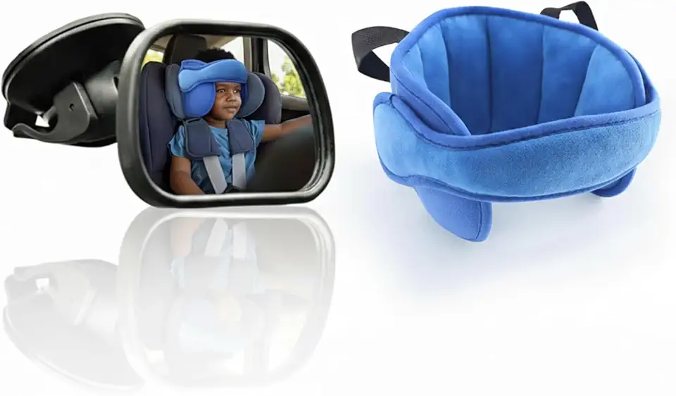 Kit Apoio de Cabeça Bebê + Espelho Retrovisor Baby | Conforto e Segurança no Carro | Suporte Ajustável com Velcro + Visão Direta do Bebê (Azul)