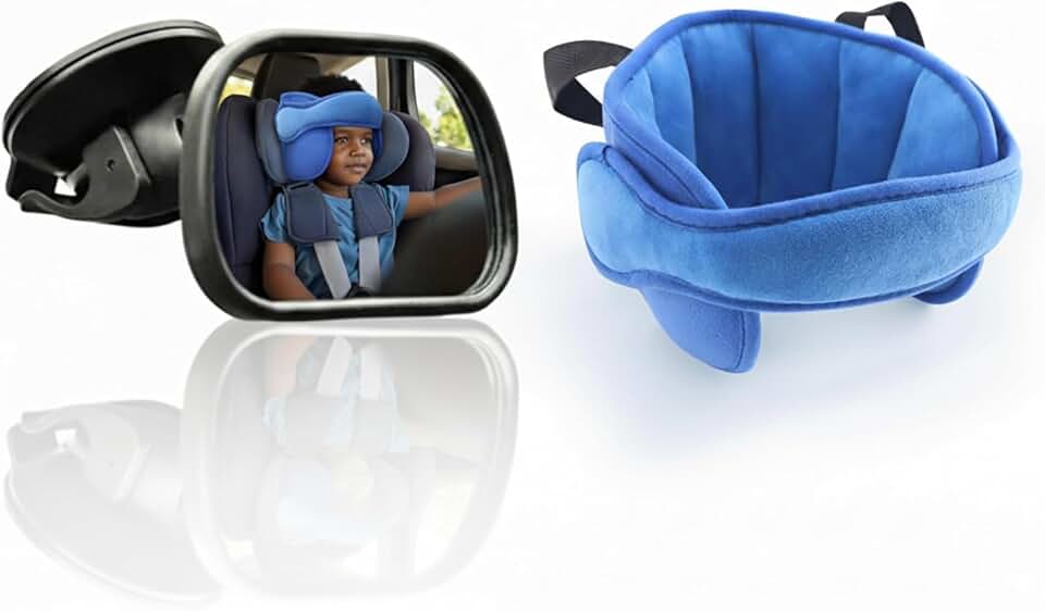 Kit Apoio de Cabeça Bebê + Espelho Retrovisor Baby | Conforto e Segurança no Carro | Suporte Ajustável com Velcro + Visão Direta do Bebê (Azul)
