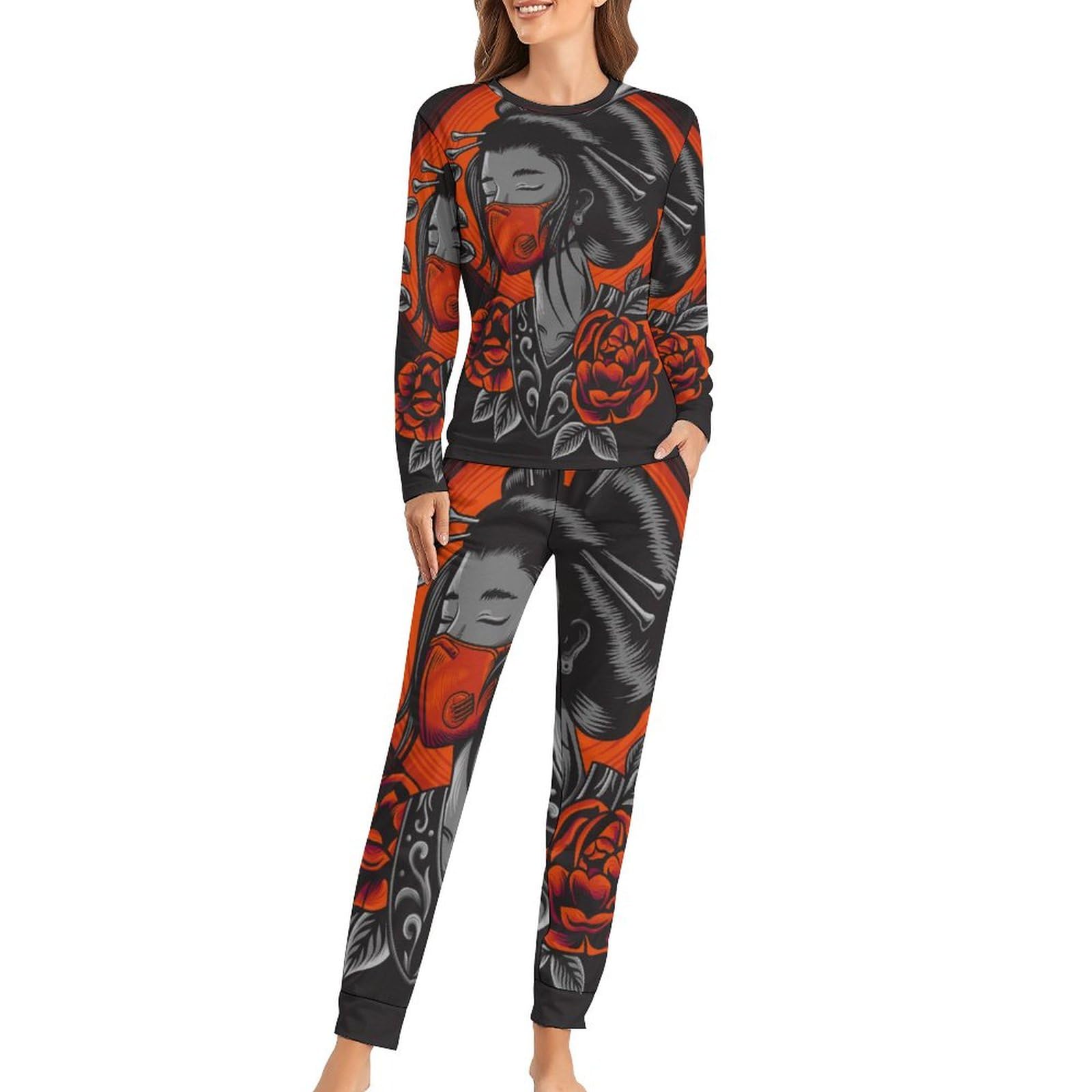UMENG Japanisches Mädchen Damen Schlafanzug Lange Pyjama Set Zweiteiliger Nachtwäsche Langarm Hausanzug Sleepwear