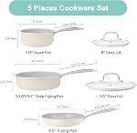 5PC Induction Cookware Set with Tempered Glass Lids, Ultra Nonstick Pots and Pans Set with Stainless Steel Handle, Oven Safe and Dishwasher Safe, Non Toxic & Ceramic Cooking Set, Cream White