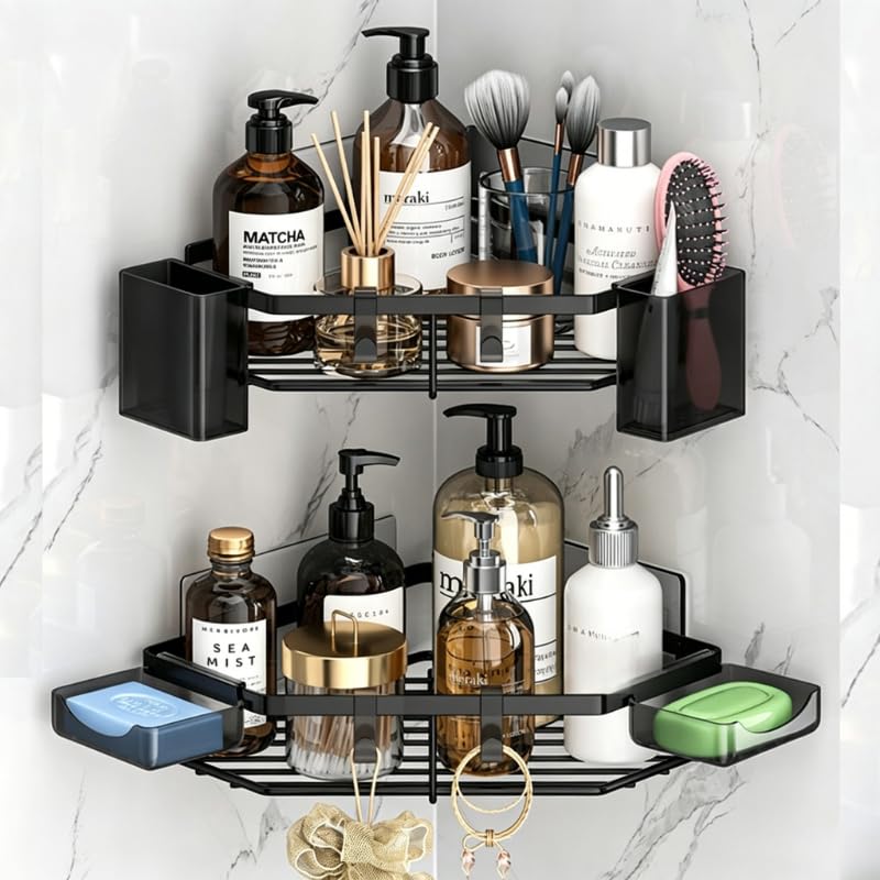 Vibrivio 6 Pcs Corner Shower Caddy, Shower Shelves No Drilling, Stainless Steel Diamond Pattern Shelf with Toothbrush Holder, Soap Dish, Razor Holder & 8 Hooks, Bathroom Kitchen Wall Storage