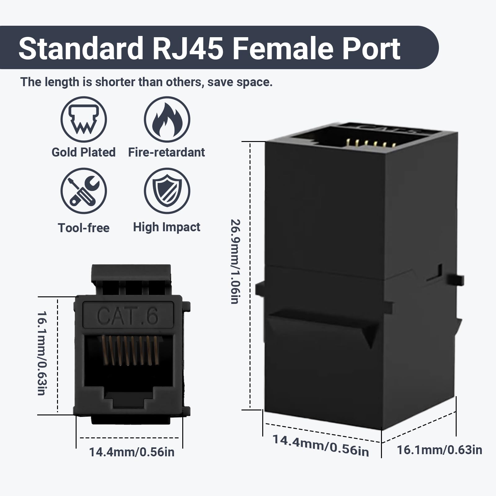 Cat6 RJ45 Keystone łącznik 25 sztuk, łącznik Ethernet żeński do żeńskiego, przedłużacz kabla Ethernet UTP Inline Cat6 Keystone gniazda do płyt ściennych i paneli krosowych, czarny