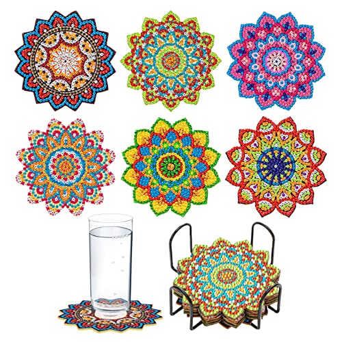 Diamond Art Coasters, 6 posavasos pintura diamantes, DIY Diamante Arte y Artesanía Pintura Posavasos con Soporte para Bebidas Adultos Niños Posavasos