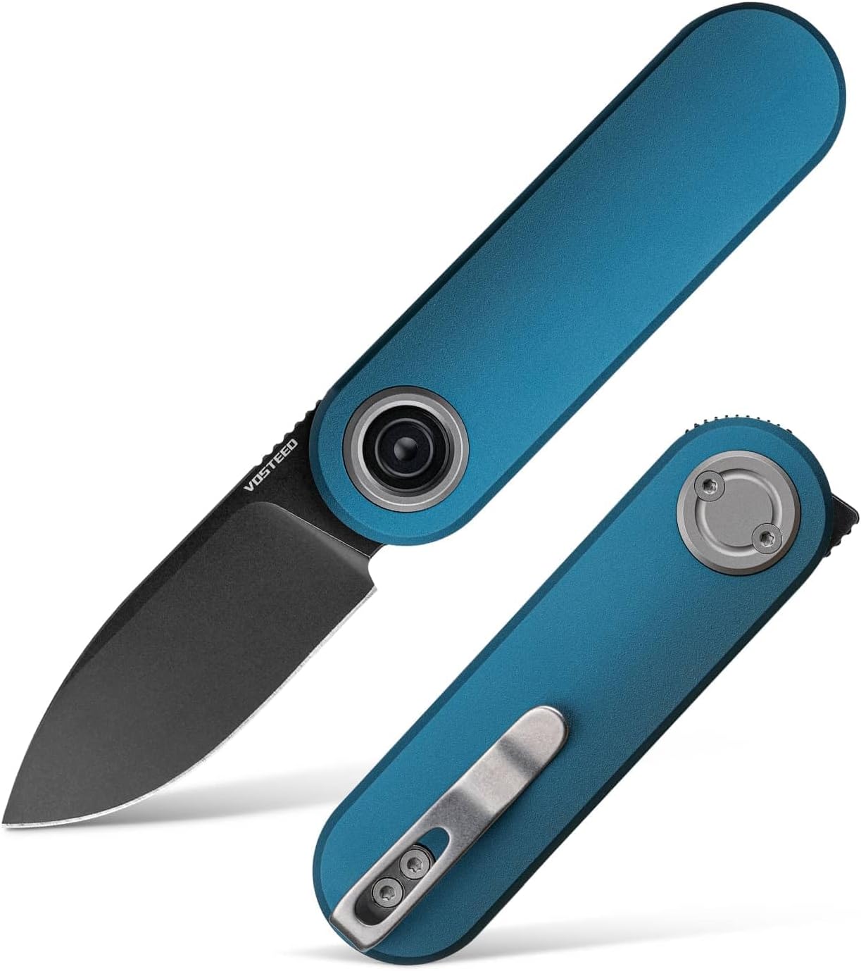 Vosteed Corgi V Pocket Knife - 2.36" 14C28N Black Stonewash Blade - Patented Vanchor Lock, Blue Aluminum Handle - EDC Knife Fishing Folding Knife - A3704