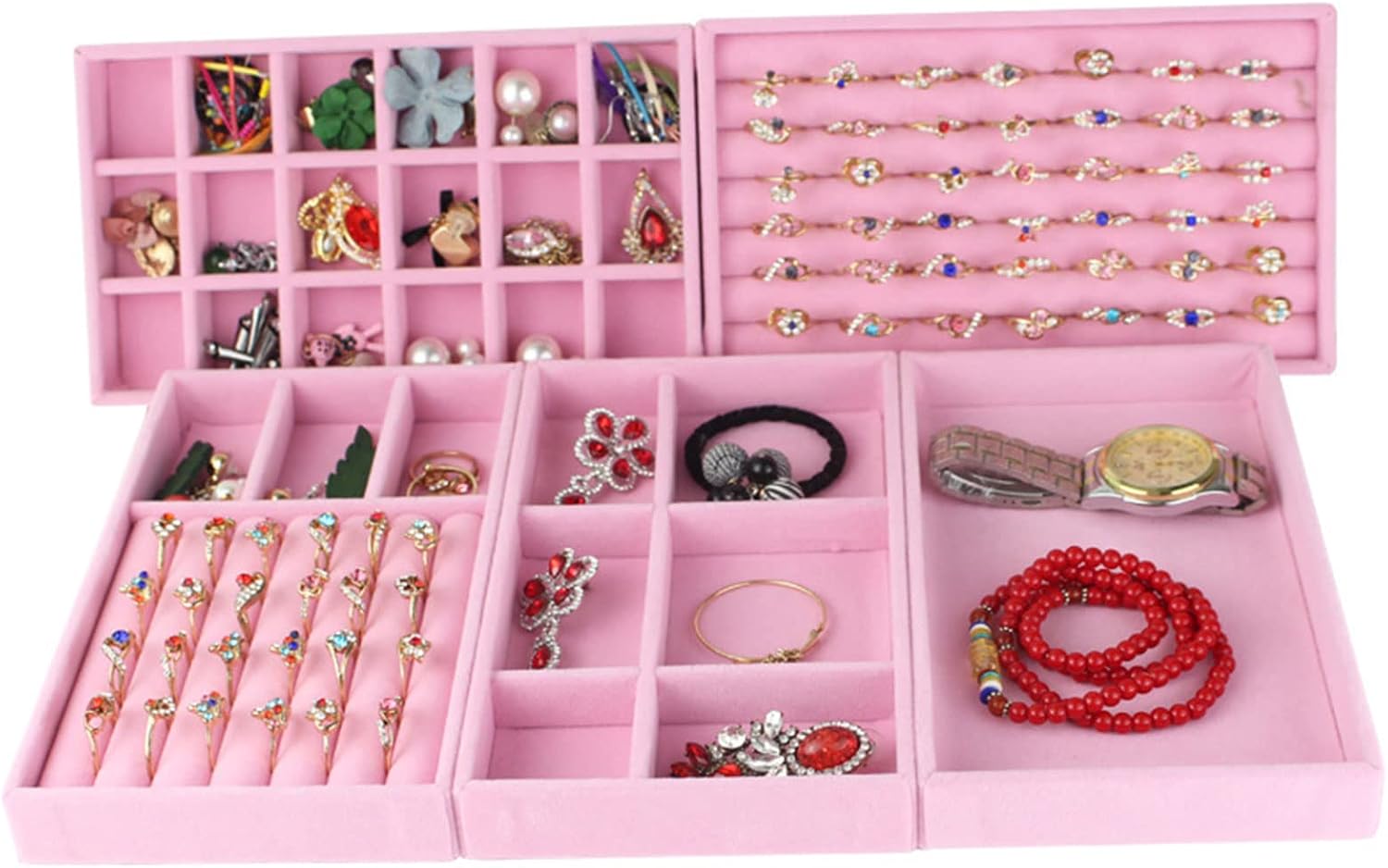 Girl Heart Flannel Jewelry Storage Tray Box Earrings Jewelry Display Multi-Lattice Storage Tray