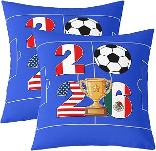 Manfei Soccer Field Cushion Cases 24X24 Set of 2 Champion Theme Football Throw Pillow Covers 2026 Football Sports Cushion Covers for Boys Men Decorative Pillowcases Soft Pillows CoversBlue White