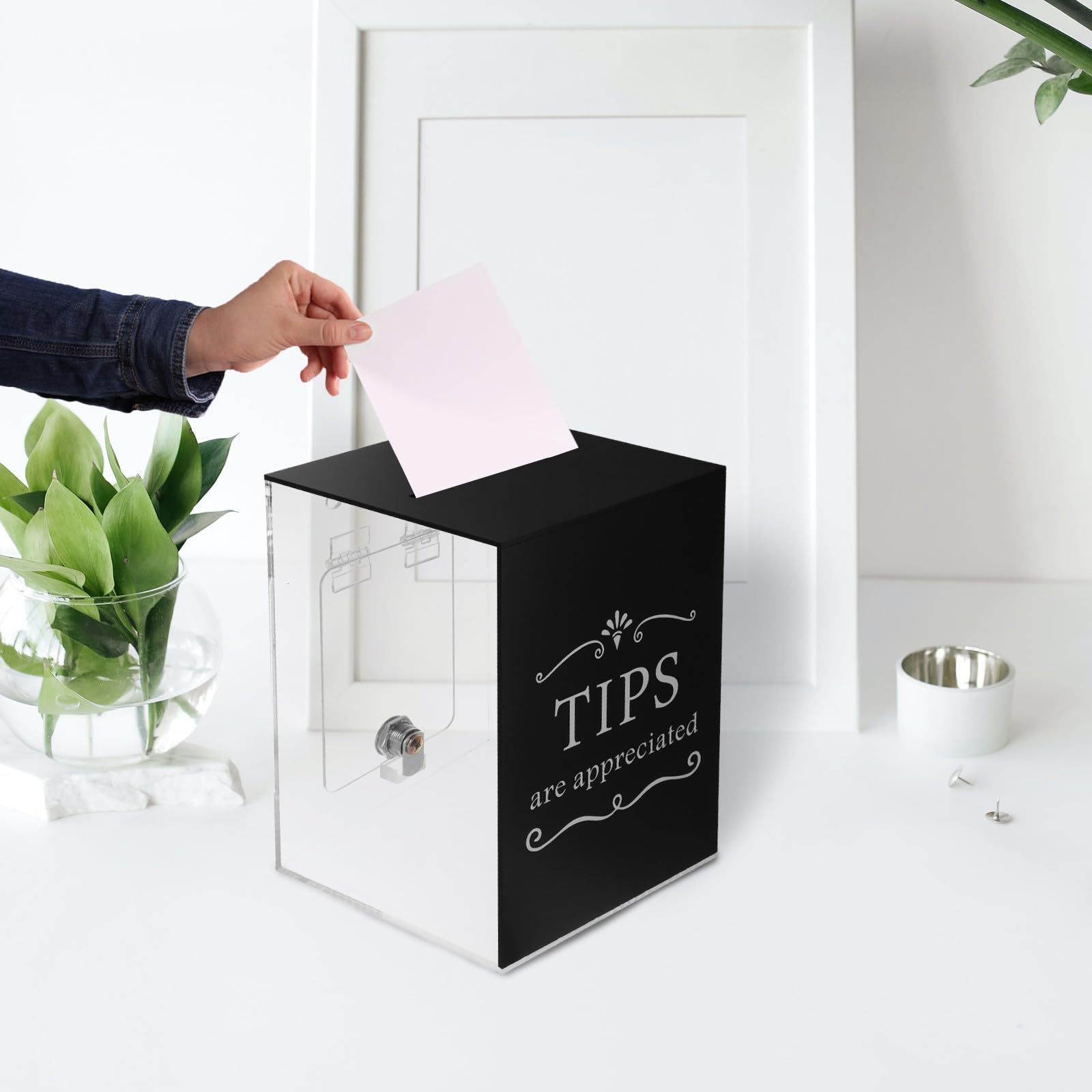 CRAFTHROU Caja de Acrílico Negro para Propinas con Cerradura, Urna Segura para Donaciones y Buzón de Sugerencias, Contenedor de Dinero Adecuado para Bares y Restaurantes, Organizador