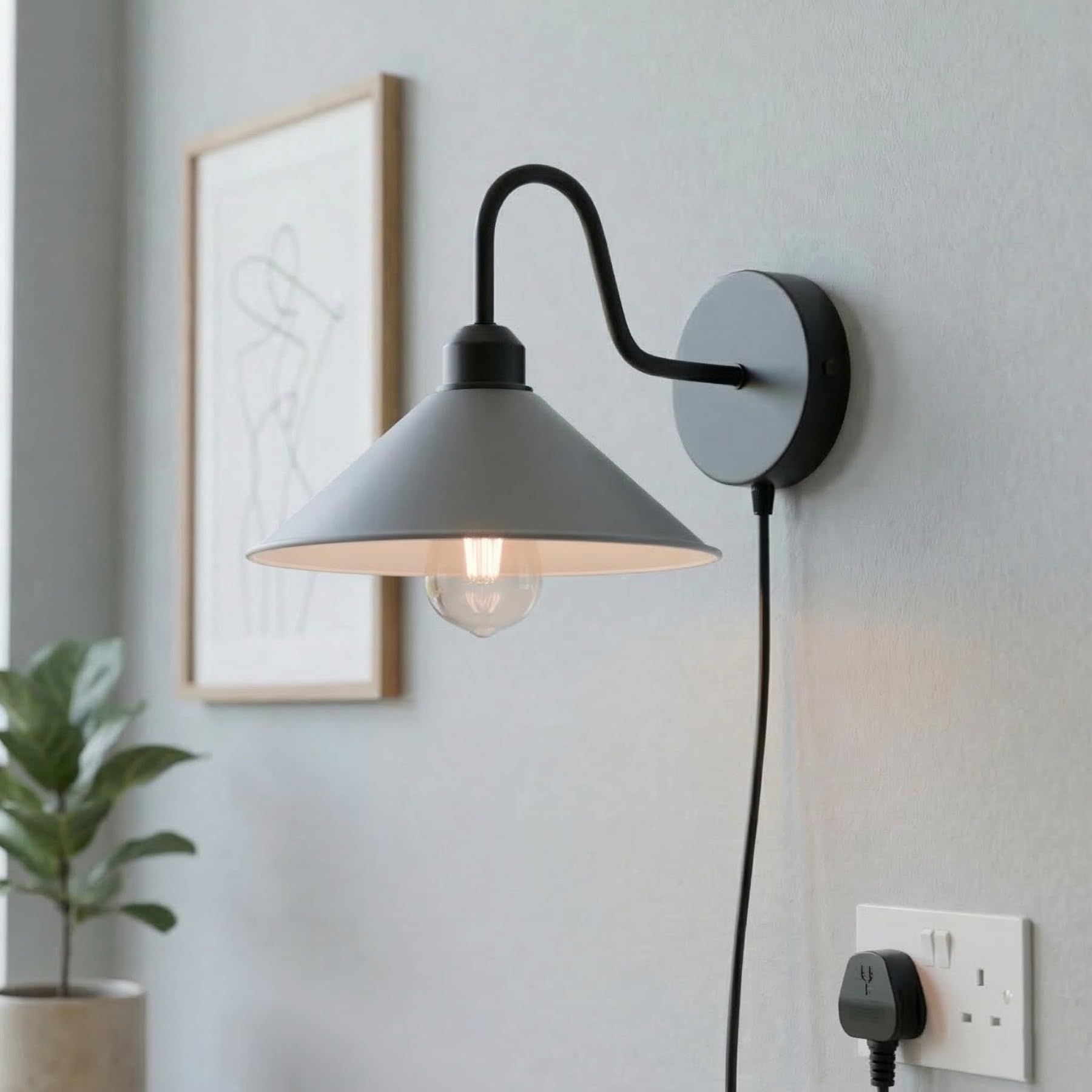 LEDSone Vintage Style 2 M Cone Shade Adjustable Arm Mechanism Metal Modern Wall Lights E27 Lamp Socket Dimmer Switch UK Plugin Wall Sconce Light Fixture (Grey + Bulb)